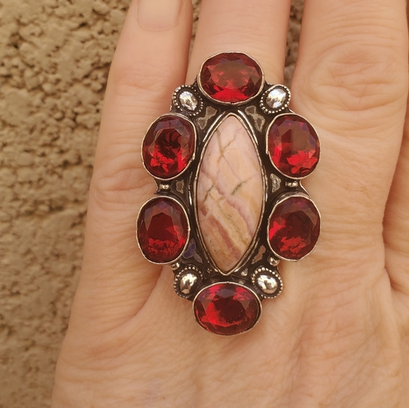 New Oversized Rhodochrosite & Garnet 925 Silver Statement Ring. - Picture 13 of 16